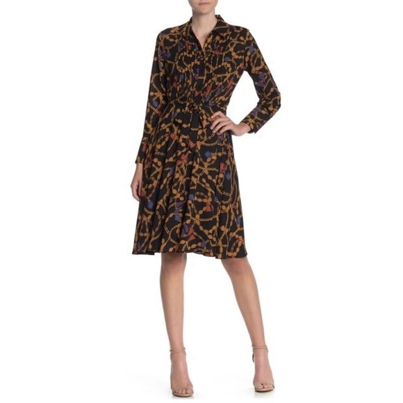 Nanette Lepore Black/Gold Chain, Tassel Black Long Sleeve Button Down Dress Sz 2 - Picture 1 of 5
